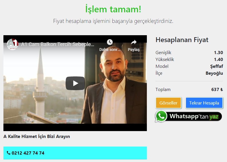 cam balkon fiyat hesaplama işlemi tamamlandı
